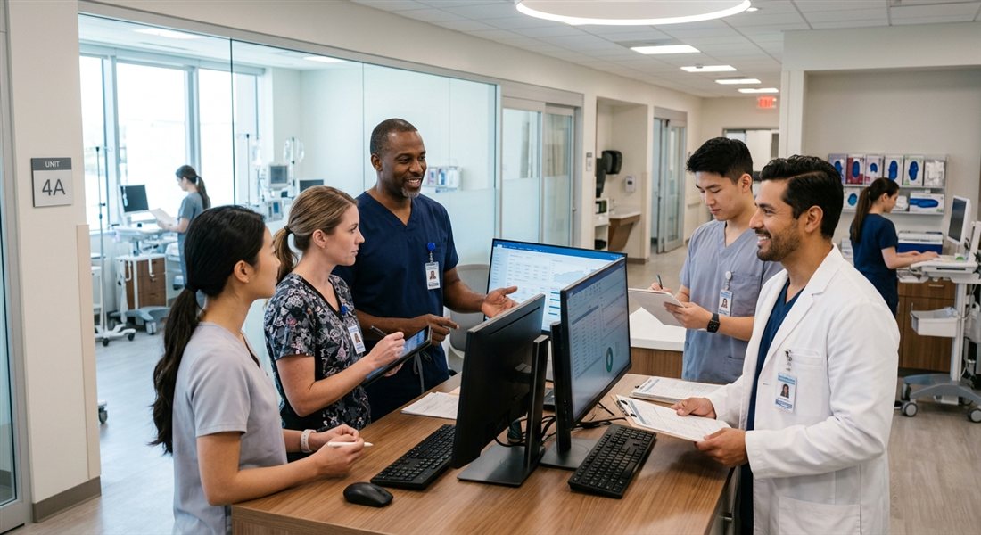 Clinical team collaborating at a hospital workstation