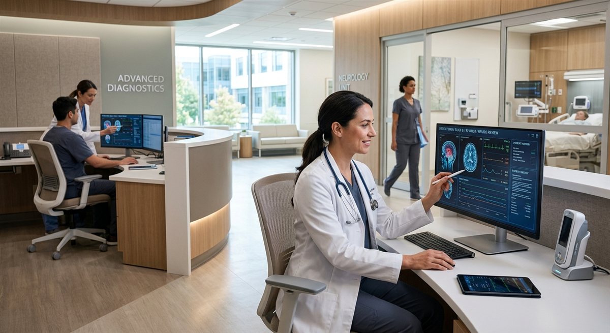 Neurodiagnostic team reviewing EEG data at a clinical workstation