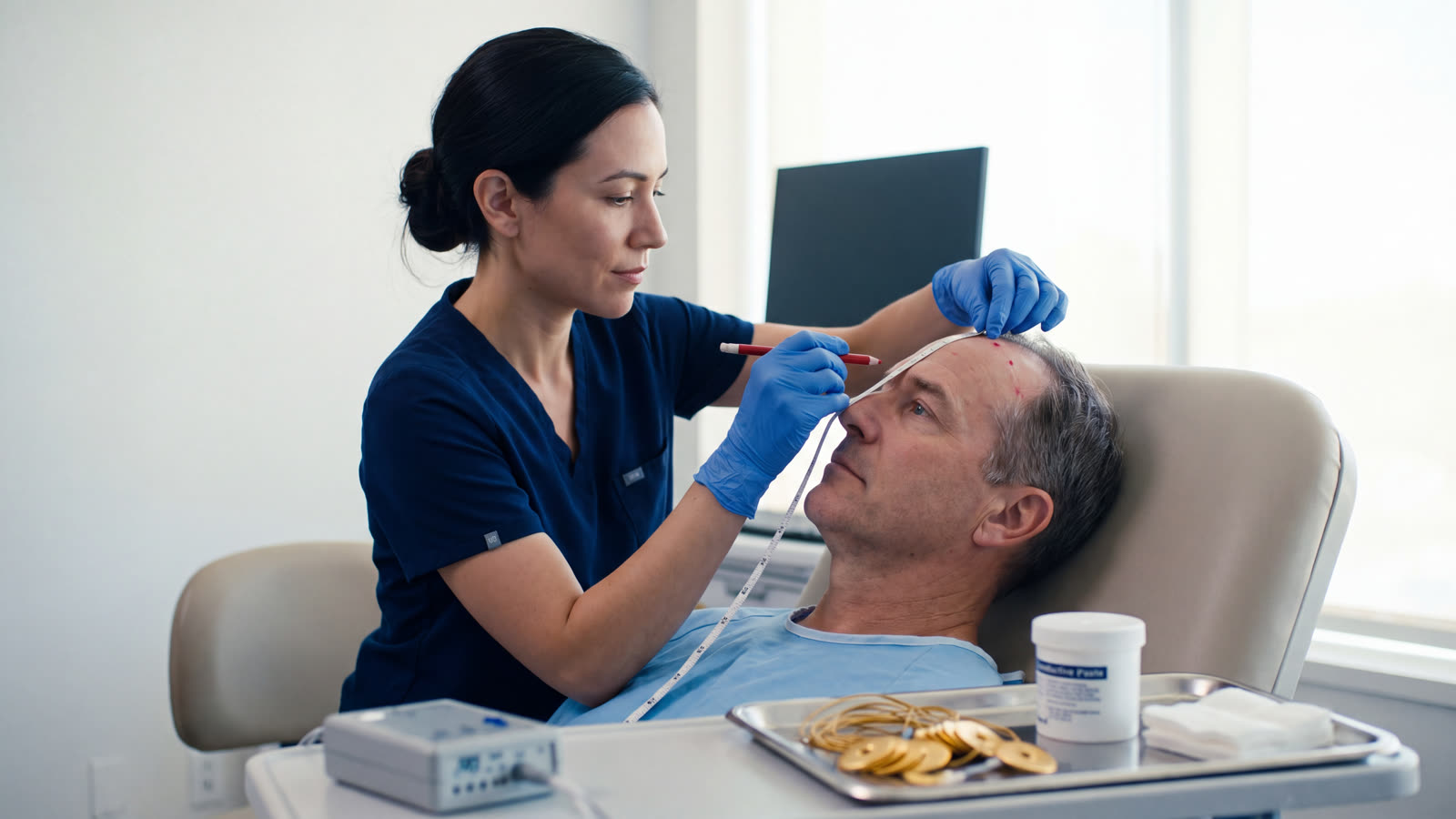 EEG technologist measuring a patient's head before placing electrodes, a frame from the Axiom film
