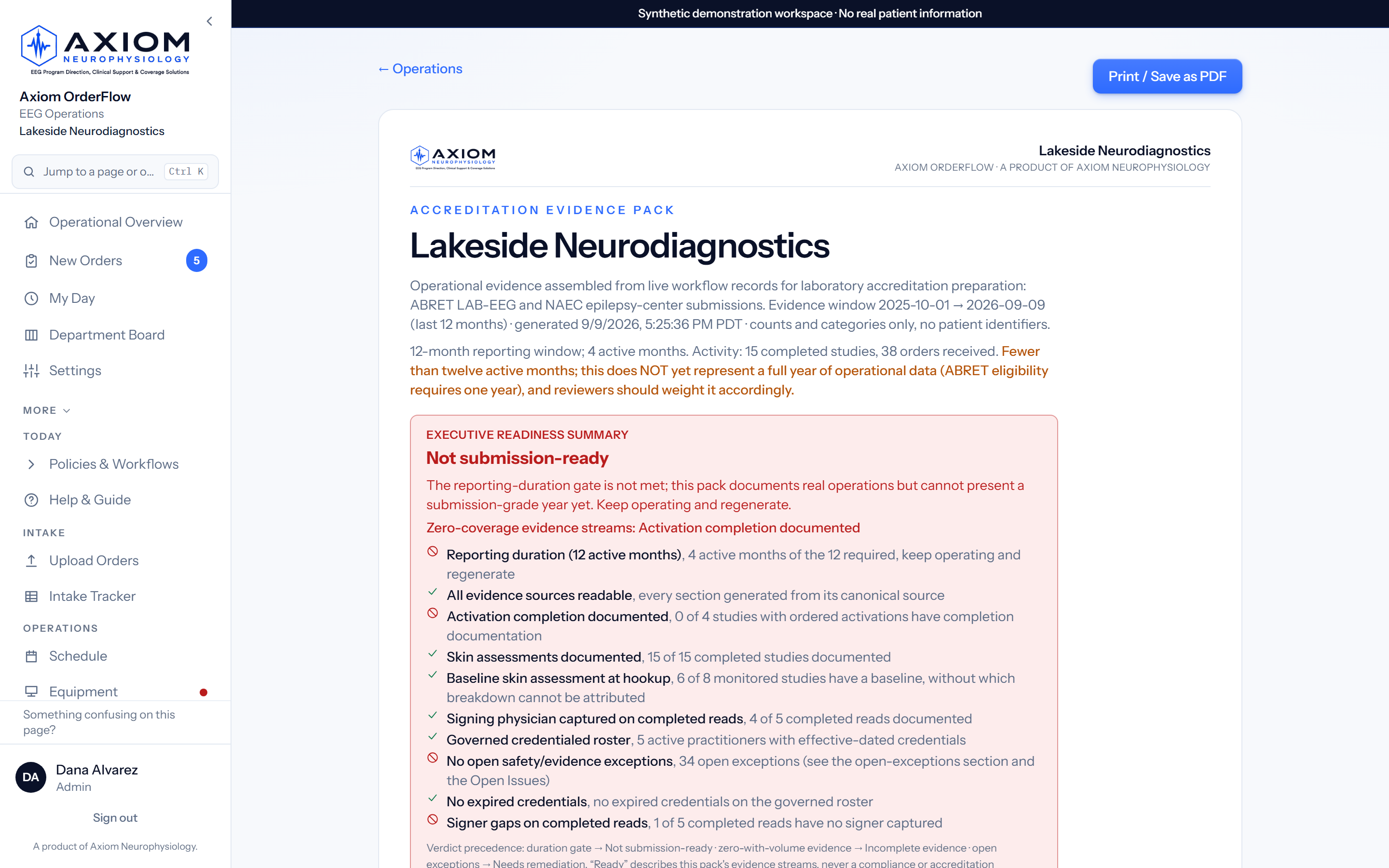 Accreditation evidence, assembled — not hunted — live product screenshot with synthetic demo data