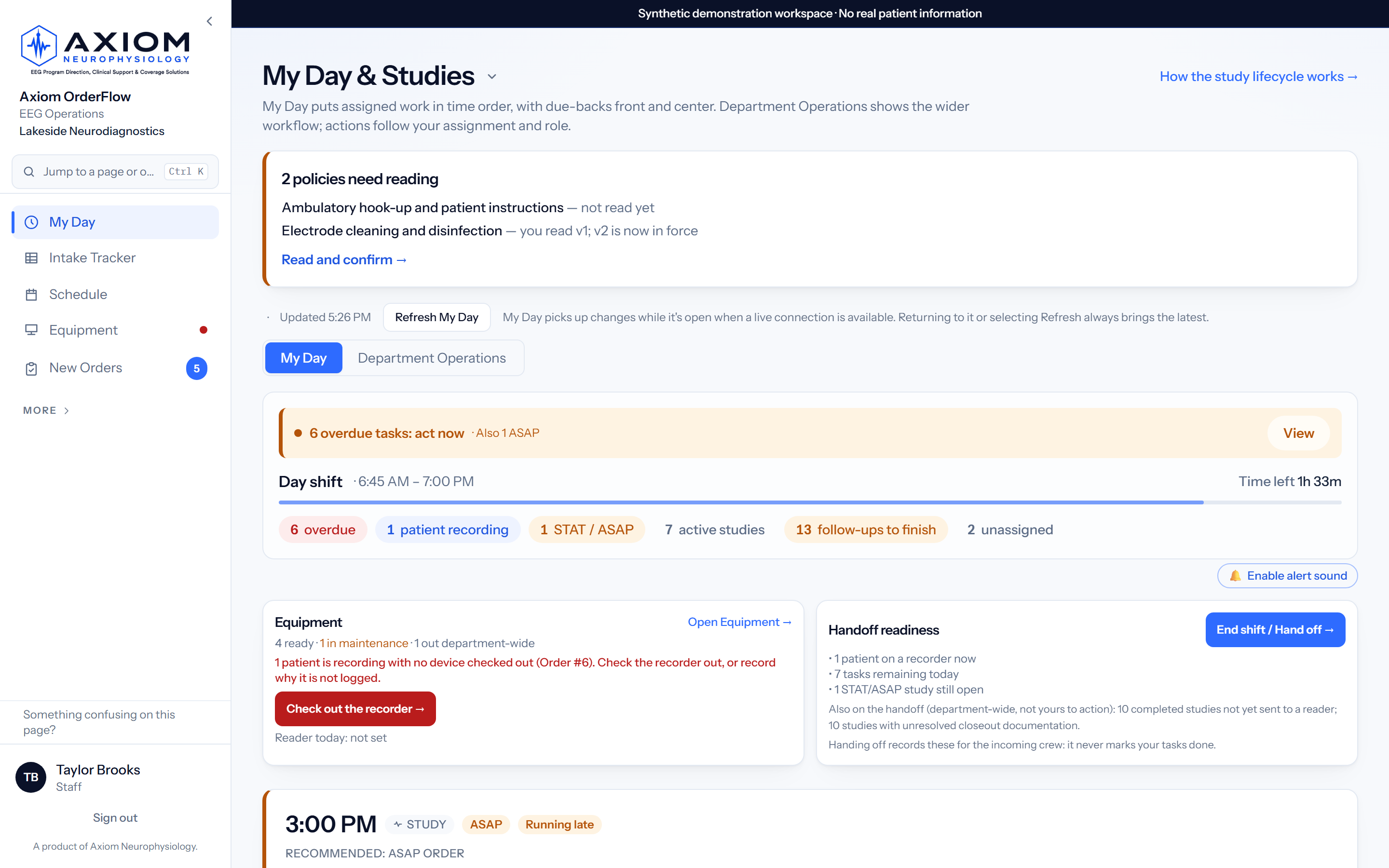 Technologists get a runlist, not a spreadsheet — live product screenshot with synthetic demo data
