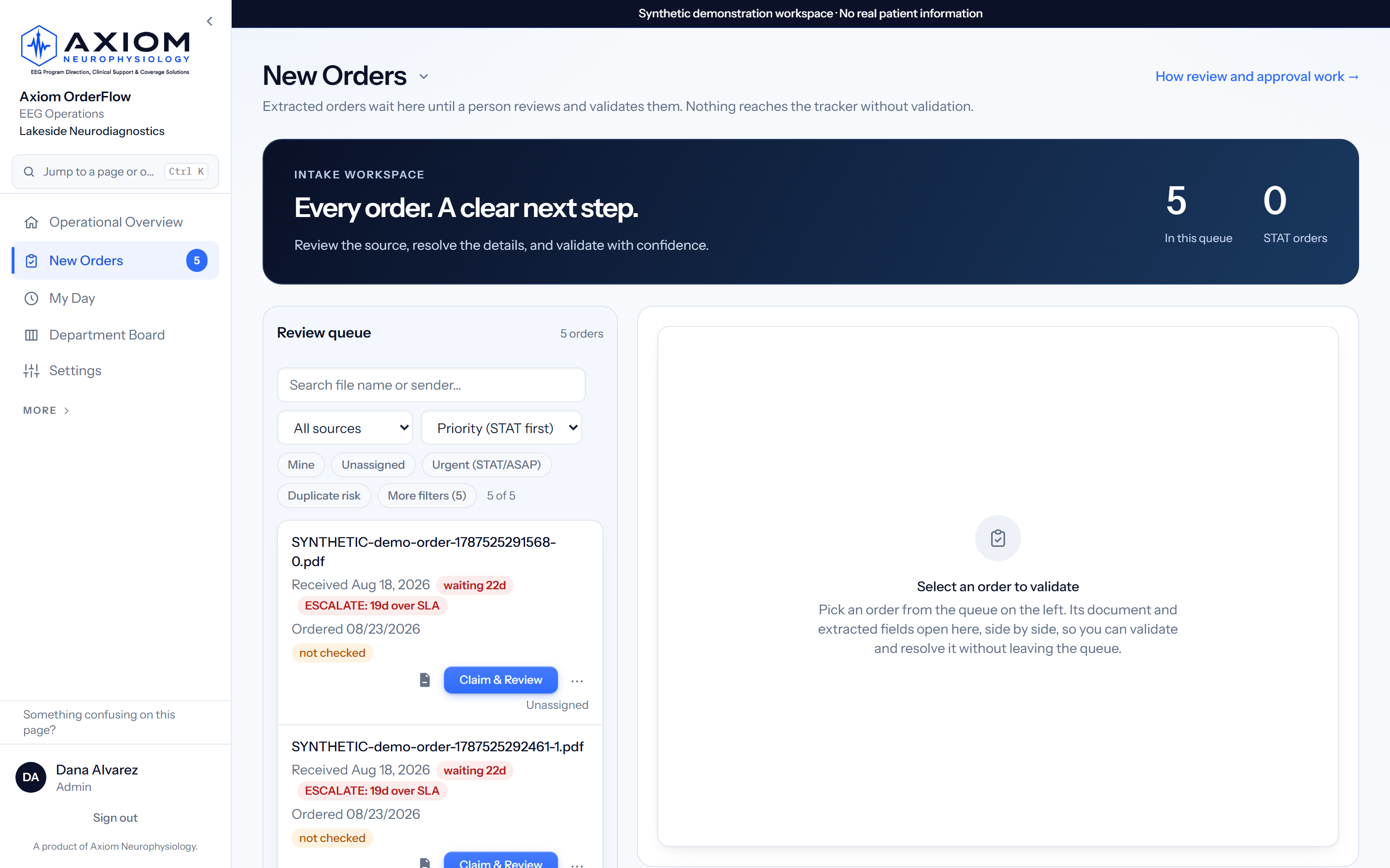 Nothing reaches the tracker without a person reviewing it — live product screenshot with synthetic demo data