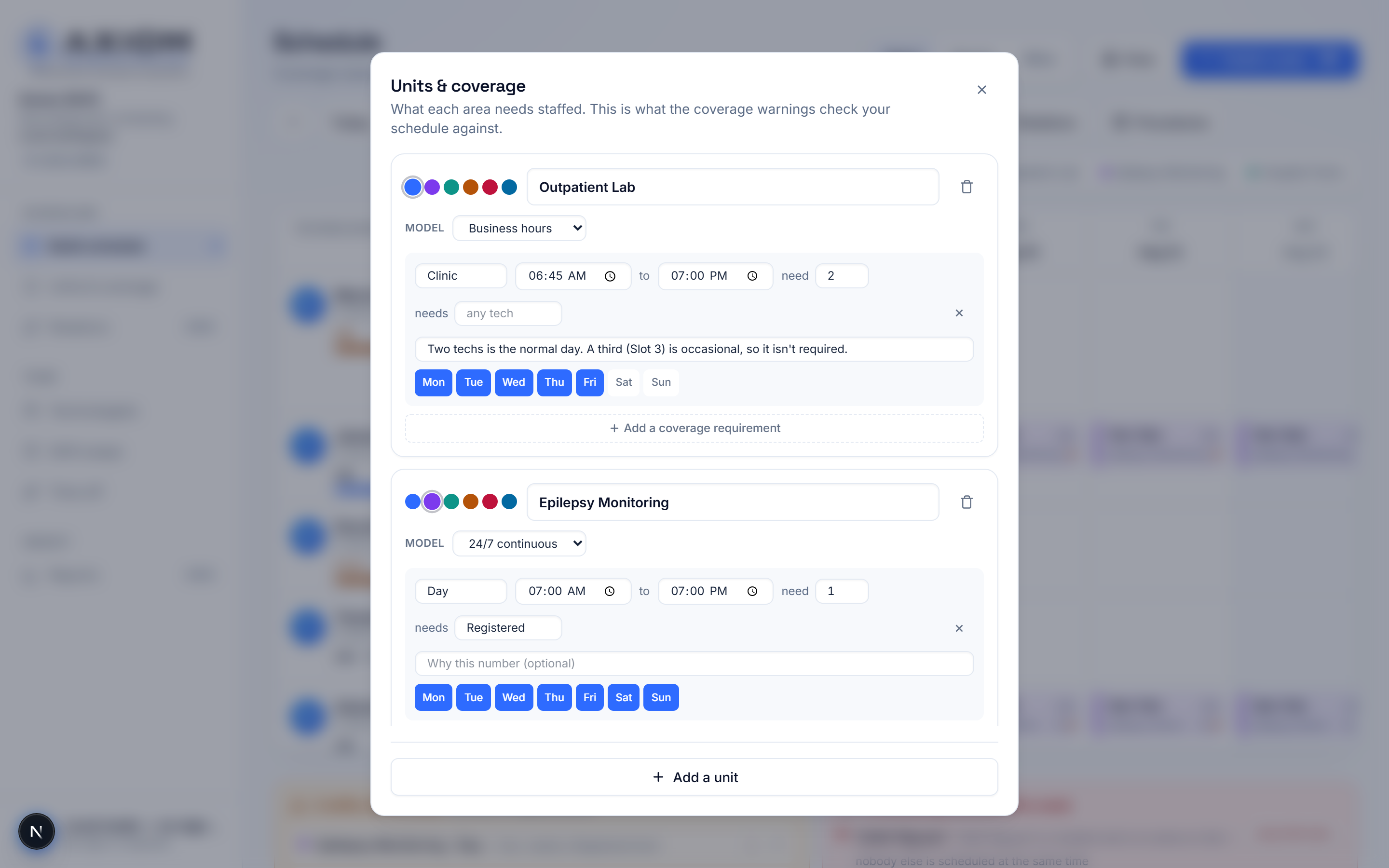 The Axiom Shift units and coverage editor — live screenshot showing business-hours and 24/7 models with qualification requirements